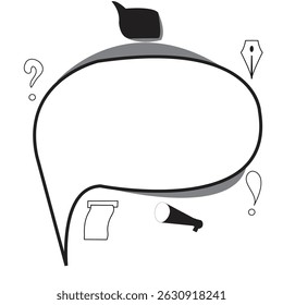 text bubble with icons around: question mark; exclamation mark; fountain pen; printing paper; megaphone
