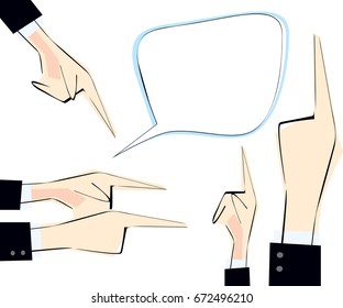 Text bubble and male hands set with pointing fingers directed different sides. Vector illustration. Icons for directing, business, communication.