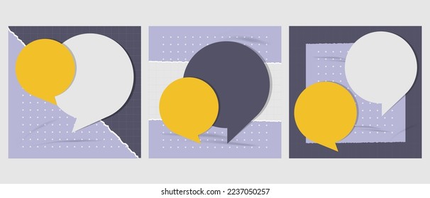 Text bubble or qoutes frame vector template, design element for social media post with glued paper texture background