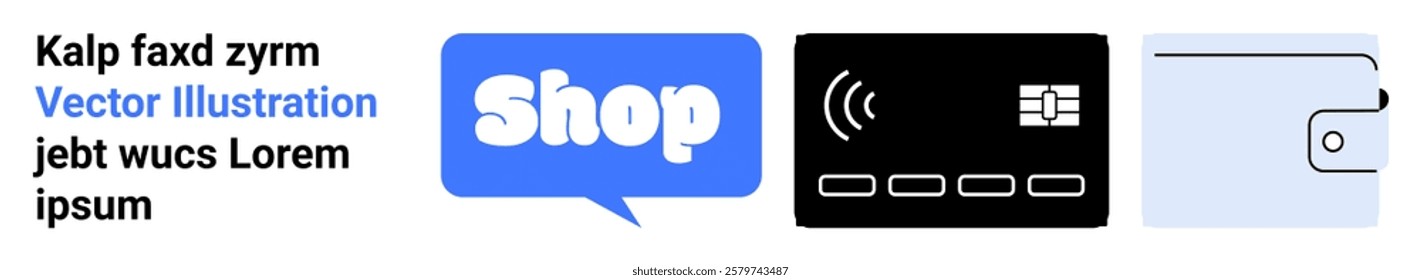 Text bubble saying shop, a credit card with a chip, and a wallet. Ideal for online shopping, e-commerce, digital payments, financial services, and retail business. Banner landing page