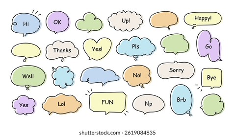 Text bubble. Simple text speech bubbles and chatting box, thinking clouds, comic talk message, fun words like hi and lol, brb and OK, thanks and yes, sorry. Vector set.