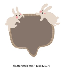 Text bubble with two kawaii bunny who sits on a brown checkered frame for text. Vector nursery illustration. Soft pastel colors.
