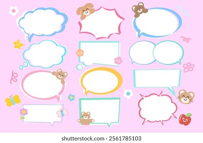 Text bubble vector illustrations with teddy bear, puppy, butterfly, apple, flowers for cartoon, characters, comic, pet, vet, zoo, souvenir, animal, text, message, chat, dialogue, blank space, stickers