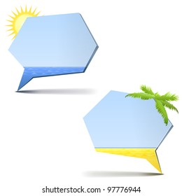 Text bubbles with sun, beach and a palm