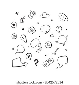 Text bubbles, thought bubbles, buttons, marks, mean. Set of simple doodle lines, curves, frames and spots. Doodle borders. Set of simple doodles. Isolated on white. Use for concept design. All objects