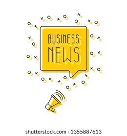 text 'business news' in speech bubble and loudspeaker on yellow background. flat thin line vector illustration. modern banner and poster business, marketing, advertising concept template. eps 10
