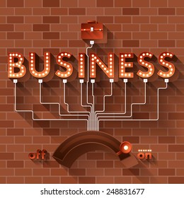 Text BUSINESS vector ball light on brick background.