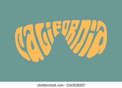 Text "California" inscribed in the shape of sunglasses. Illustration in hippie retro style. Vector print for T-shirt, poster, sticker.