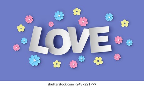 Text calligraphy of Love decorated with Flowers. Love invitation card of Valentine's day. Valentine's card. paper cut and craft style. vector, illustration.