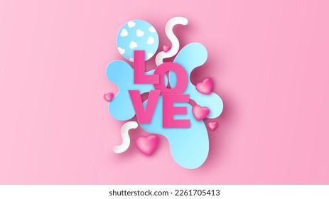 Text calligraphy of Love decorated with hearts and curve pattern. Love invitation card of Valentine's day. Valentine's card. paper cut and craft style. vector, illustration.
