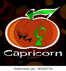 Text "Capricorn".Cartoon pumpkin. Sticker of zodiak sign. Halloween vector illustration.
