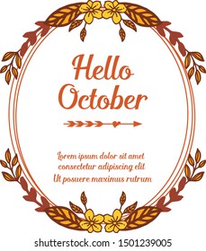 Text card hello october with hand drawing of autumn flower frame. Vector