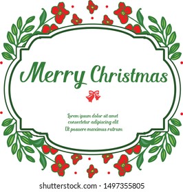 Text card merry christmas with ornate element of green leafy flower frame. Vector
