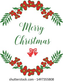 Text card merry christmas with ornate element of green leafy flower frame. Vector