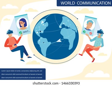 Text Cartoon Banner Advertise World Communication. Man and Woman Wearing VR Headset Glasses Have Distant Video Call. Augmented Virtual Reality Technology. New Possibilities. Vector Flat Illustration