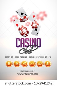 Text Casino Club with 3D chip, ace cards. Flyer, poster or banner design with multiple ethereum symbol, accepted option.