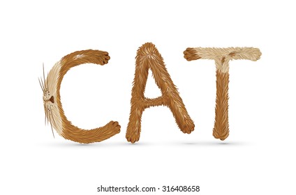 text "cat" writing with funny fluffy spot leters on white background, red cat letters, vector