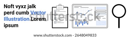 Text, checklist clipboard, line and bar charts on a computer screen, magnifying glass. Ideal for data analysis, business intelligence, research, analytics, project management, report visualization