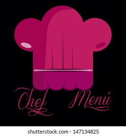 text and chef hat fuchsia, black background.
