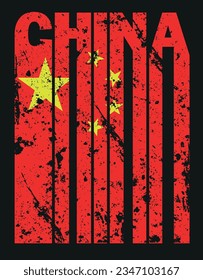 Text China with chinese flag . Print for t-shirt. Vector illustration.