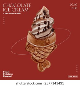 text and Chocolate ice cream inside a fish shaped waffle for templates.