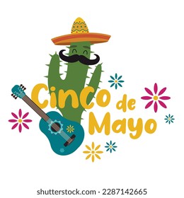 Text  CINCO DE MAYO (Spanish for Fifth of May), cactus in sombre