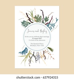 The text is in a circle. Frame of branches and grass wedding invitation card template vector