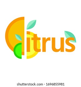 Text "citrus". Halves of lemon, orange and lime. Simple flat logo