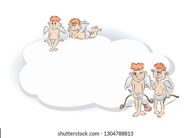 Text cloud with funny little cupids. Holiday background, vector illustration, isolated.