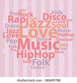 Text cloud. Music word cloud. Typography concept. Vector illustration.