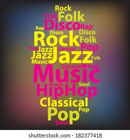 Text cloud. Music wordcloud. Typography concept. Vector illustration.