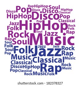 Text cloud. Music wordcloud. Typography concept. Vector illustration.