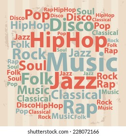 Text cloud. Music wordcloud. Typography concept. Vector illustration.