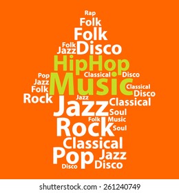 Text cloud. Music wordcloud. Typography concept. Vector illustration.