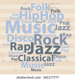 Text cloud. Music wordcloud. Typography concept. Vector illustration.