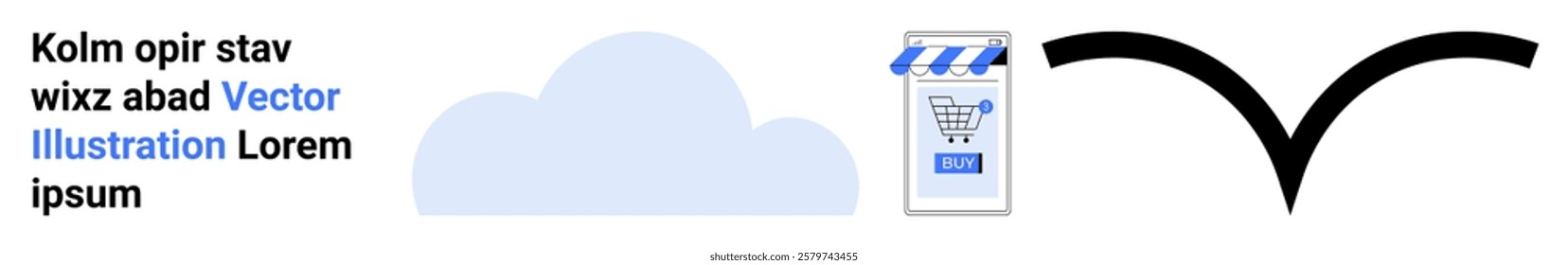 Text, a cloud, a shopping bag, and an arrow highlight digital themes like e-commerce and cloud storage. Ideal for cloud computing, e-commerce, online services, digital media, minimalism. Banner