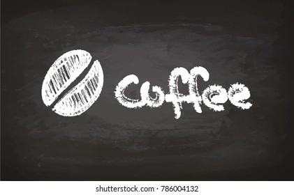 Text and coffee bean chalk sketch on blackboard. Hand drawn vector illustration. Calligraphic Lettering. Retro style.