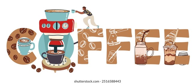  Text coffee beans, coffee cup, mug, coffee machine, coffee maker, coffeemaker.  Word, huge letters, inscription. Hand drawn vector illustration. 