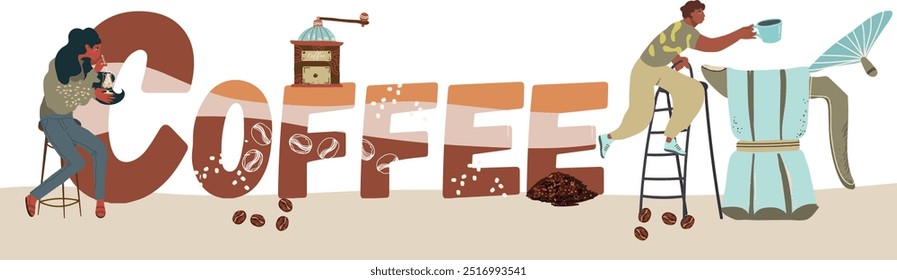  Text coffee, people tiny, with ogorem letters, character, coffeemania, coffee pot, equipment. Word, huge letters, inscription. Hand drawn vector illustration. 