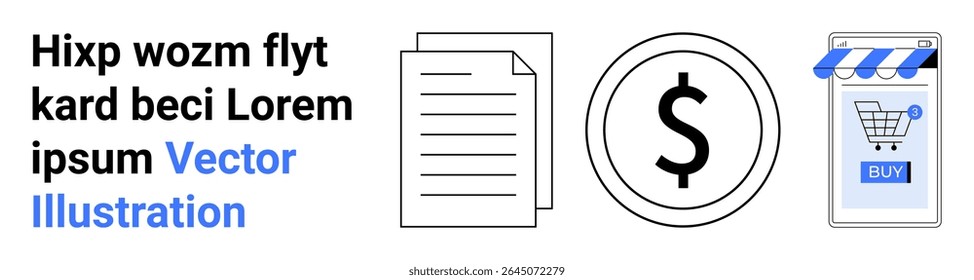 Text with colored words, document, dollar symbol, shopping cart on smartphone. Ideal for finance, e-commerce, accounting, digital marketing, business strategy, online shopping, mobile apps. Landing