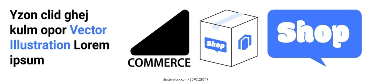 Text, a commerce icon, a shipping box, and a speech bubble with the word shop in blue. Ideal for eCommerce, marketing, online shopping, web design, digital advertising. Banner for landing page