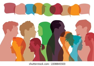 Text for communication. Speak and communicate in social networks. Community and Speak. Vector cartoon of multi-ethnic people in profile.	
