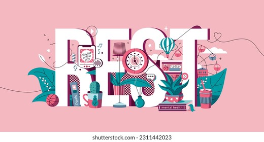 A text composition illustrating the rest. A template with the attributes of recreation - books, incense, indoor plants, interior items. Illustration template for websites and applications.