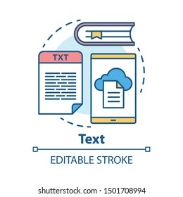 Text concept icon. Different types of textual information idea thin line illustration. Books, news, advertisements. Documents and files, articles. Vector isolated outline drawing. Editable stroke