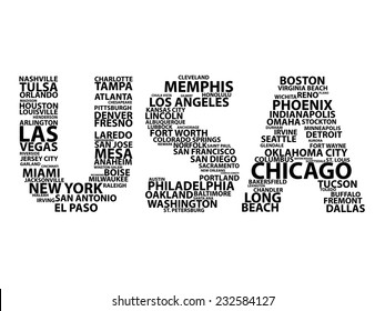 Text concept with US cities in "USA"