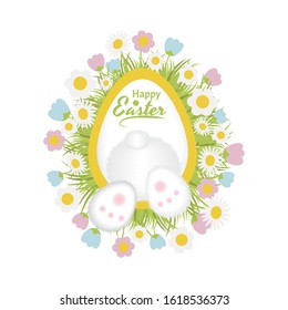 Text for congratulations, invitations, packaging, cards Happy Easter with an egg and cute legs and tail of a white bunny.On a white background with cute flowers
