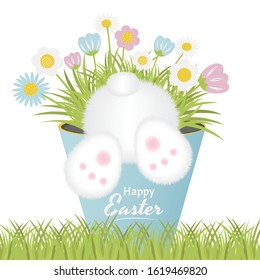 Text For Congratulations, Invitations, Packaging, Cards Happy Easter. White Bunny Looking For An Easter Egg In A Pot With Beautiful Flowers. Cute Legs And Tail Of A White Bunny. On White Background