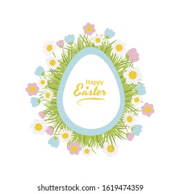 Text for congratulations, invitations, packaging, cards Happy Easter. Easter egg framed by cute flowers. Isolated on a white background.
