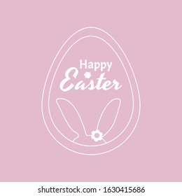 Text for congratulations, invitations, packaging, cards Happy Easter with an egg and cute white bunny ears. Drawing with white lines. On a pink background