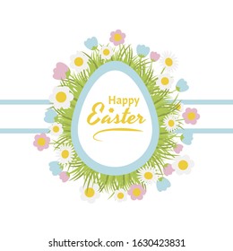 Text for congratulations, invitations, packaging, cards Happy Easter. Easter egg framed by cute flowers. Isolated on a white background.